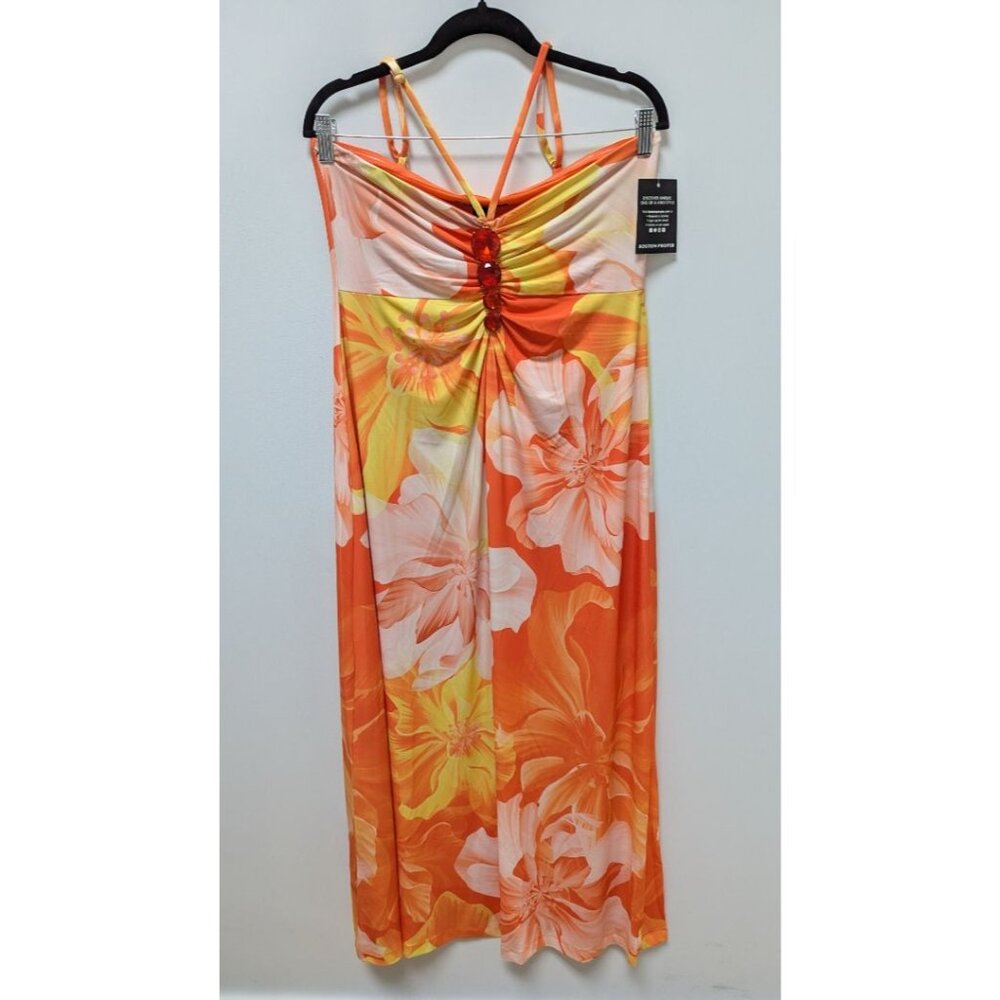 Boston Proper Orange Tropical Brooch Halter-Neck Dress